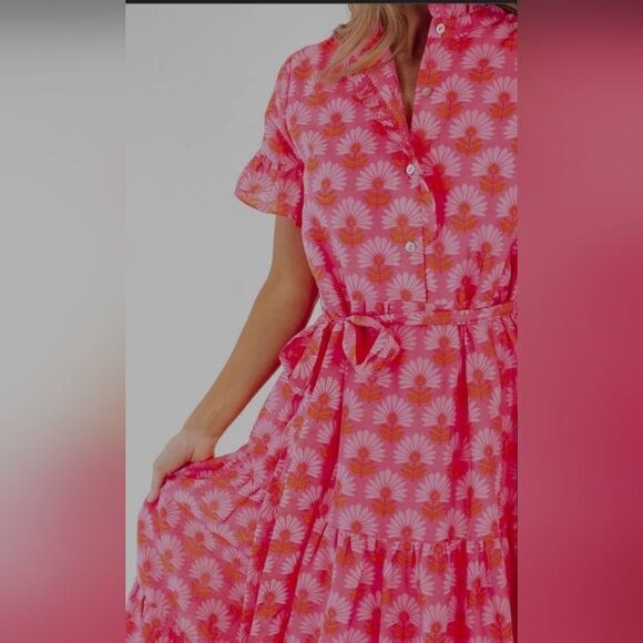 J.Marie Floral Ruffled Tiered Midi Belted Dress Resort Wear Vacation Prairie M - Picture 5 of 9